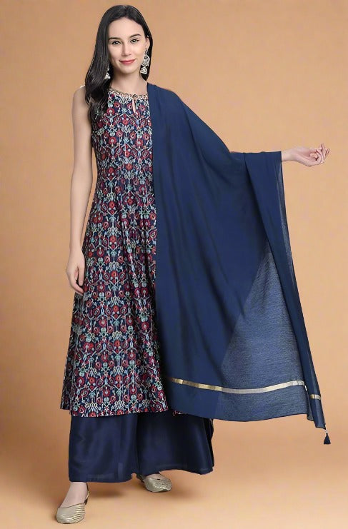 Women's Blue Poly Muslin Embroidered Kurta with Palazzo and Dupatta