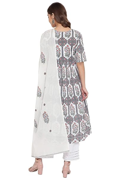 Janasya Women's White Cotton Flared Kurta With Palazzo And Dupatta