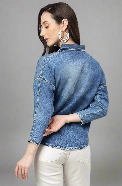 Blue Denim Solid Shirt Style Top for Women