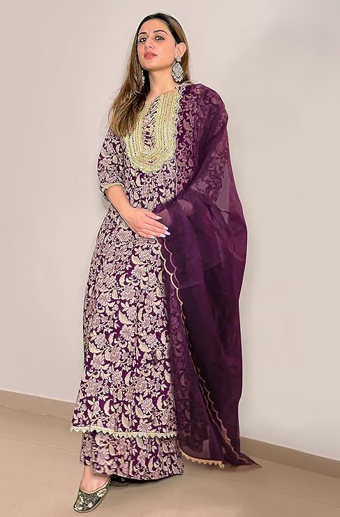 Women's Violet Cotton Floral Printed Kurta with Palazzo and Dupatta