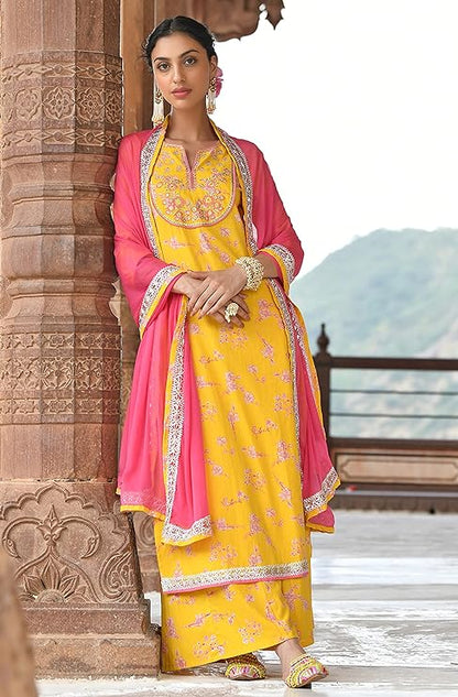 Janasya Women's Yellow Cotton Embroidered Kurta with Palazzo and Dupatta