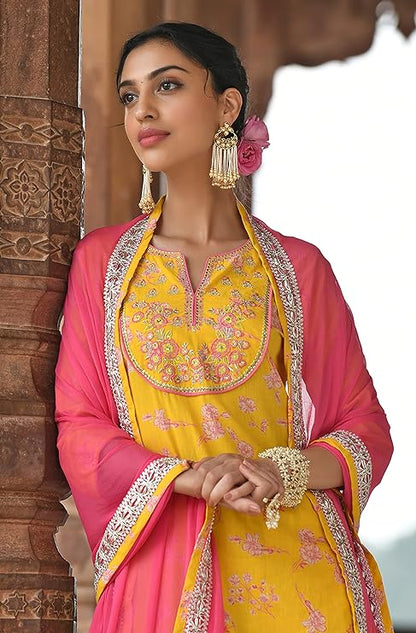 Janasya Women's Yellow Cotton Embroidered Kurta with Palazzo and Dupatta