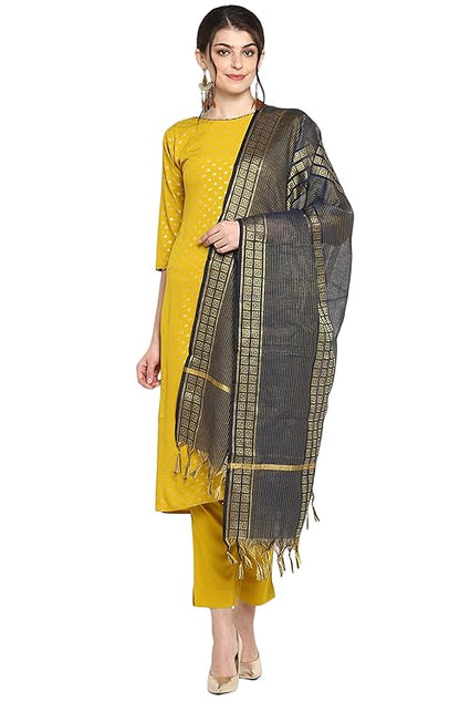 Women's Mustard Poly Crepe Gold Print Kurta with Pant and Dupatta