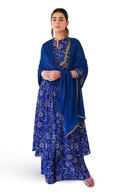 Janasya Women's Dark Blue Georgette Digital Floral Printed Kurta with Palazzo and Dupatta