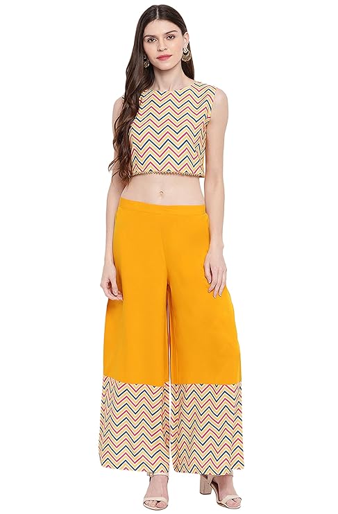 Women's Yellow Poly Crepe Chevron/Zig Zag Crop Top with Palazzo and Jacket