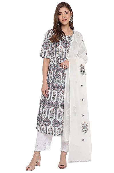 Janasya Women's White Cotton Flared Kurta With Palazzo And Dupatta