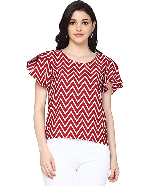 Casual Ruffled Sleeves Printed Women Maroon Top - Oomph