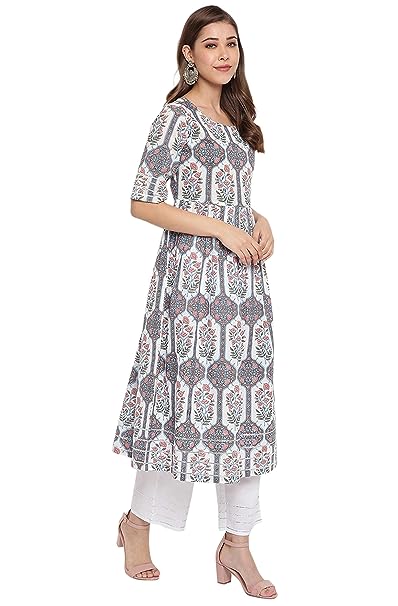 Janasya Women's White Cotton Flared Kurta With Palazzo And Dupatta