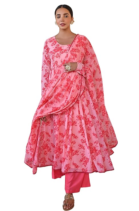 Janasya Women's Peach Georgette Floral Print Kurta with Flared Palazzo and Dupatta