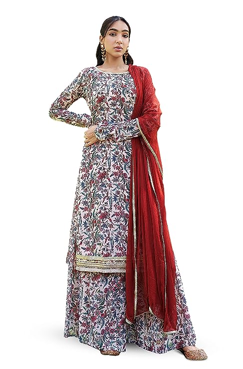 Janasya Women's Beige Georgette Digital Floral Printed Kurta with Palazzo and Dupatta