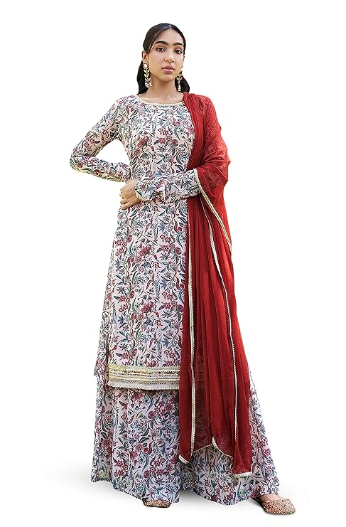 Women's Beige Georgette Digital Floral Printed Kurta with Palazzo and Dupatta