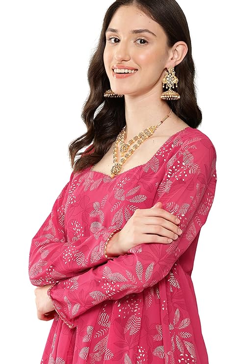 Women's Pink Georgette Foil Printed Short Kurta with Sharara