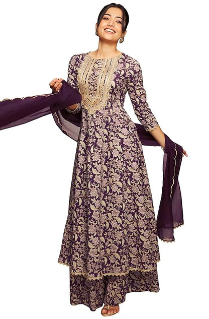 Women's Violet Cotton Floral Printed Kurta with Palazzo and Dupatta