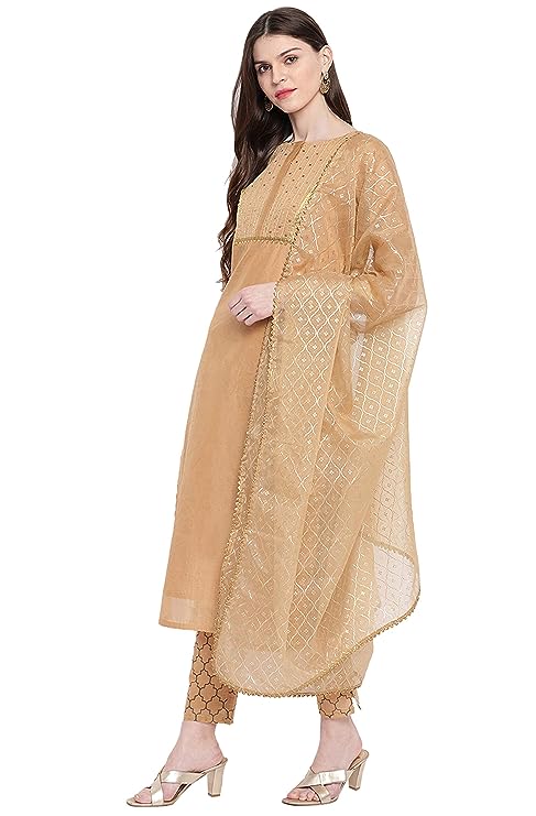 Janasya Women's Gold Poly Chanderi Kurta With Pant and Dupatta