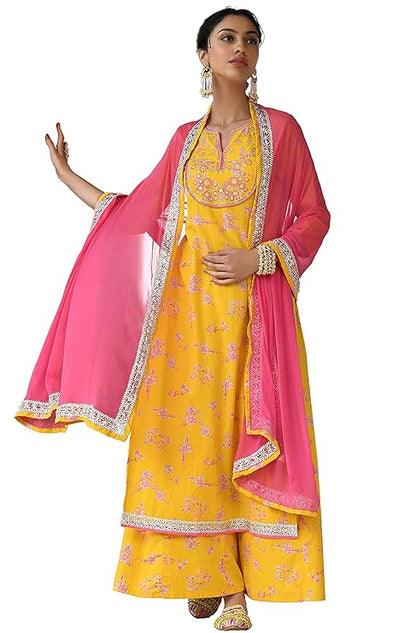 Janasya Women's Yellow Cotton Embroidered Kurta with Palazzo and Dupatta