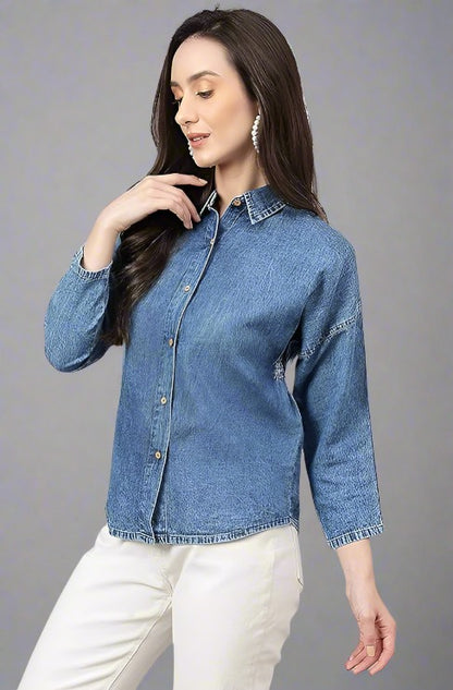 Blue Denim Solid Shirt Style Top for Women