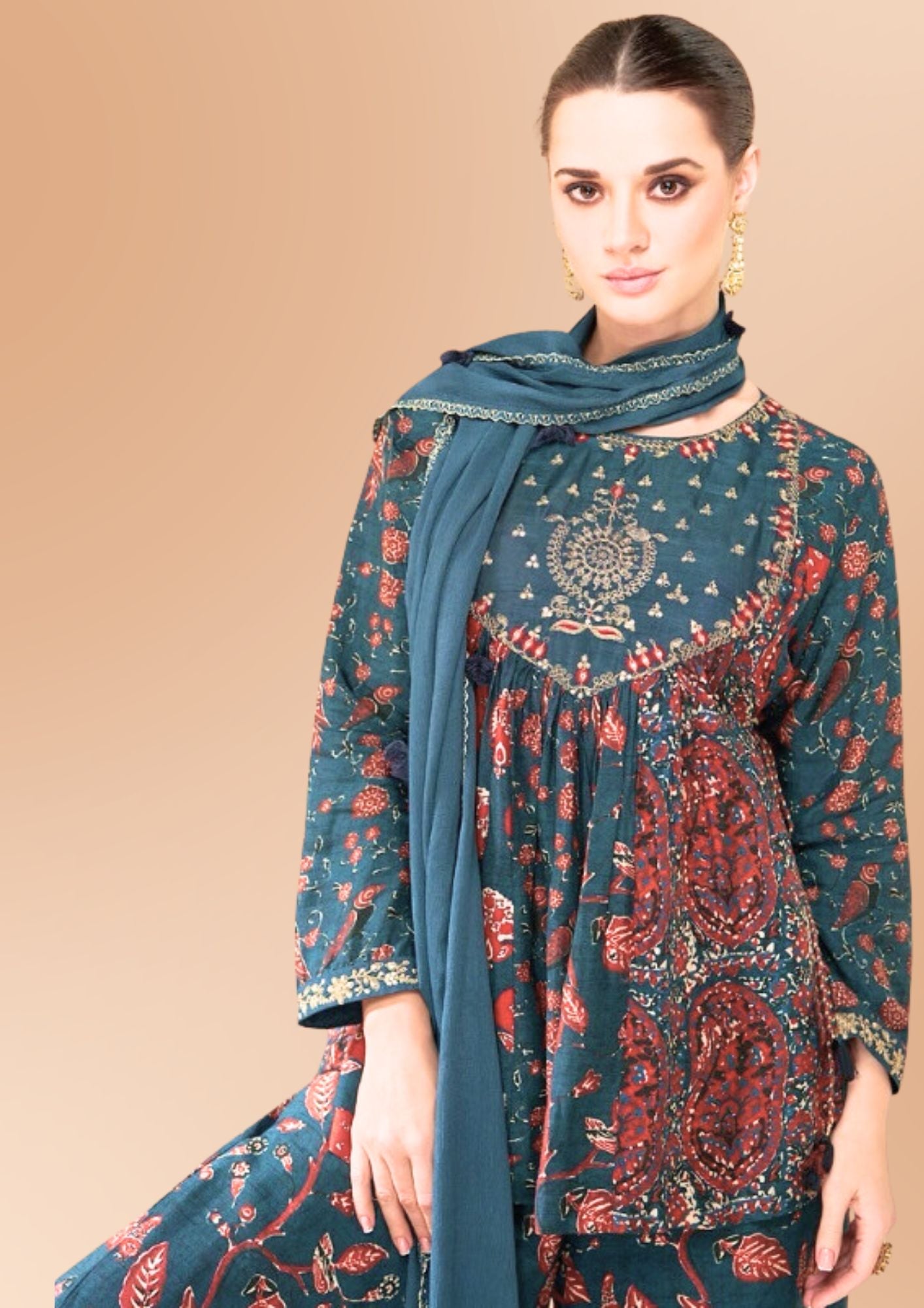 Floral Printed Cotton Top, Sharara with Dupatta, Teal and Orange. Embroidery Work Ideal, Parties, Wedding, Engagement