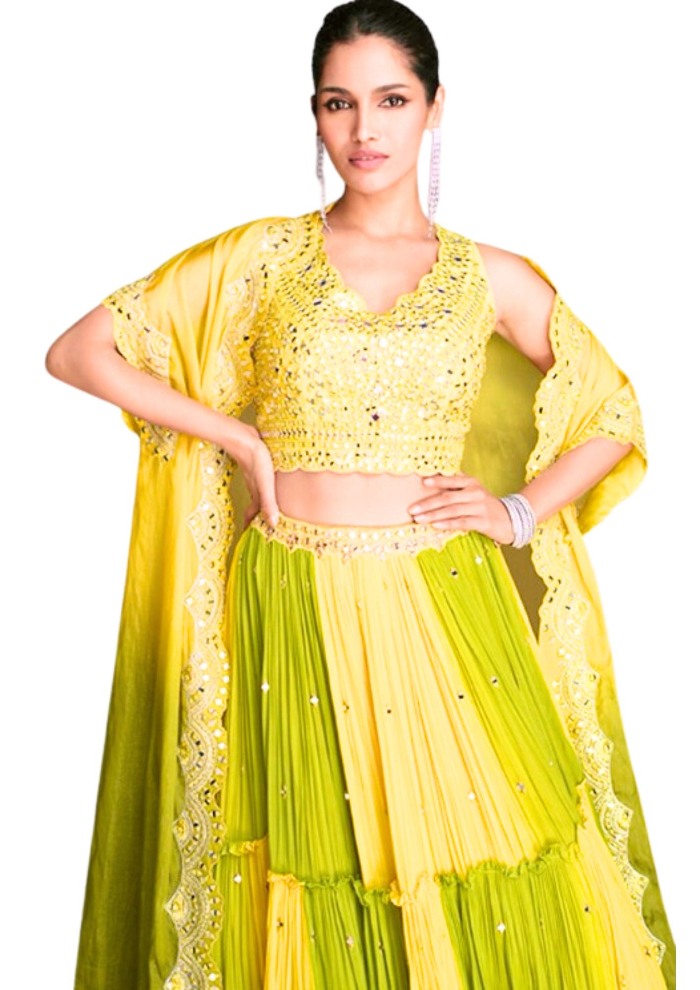 Yellow Green Bright Festive Dress for Events, Functions, Weddings || 2 Piece with Cape || Colorful, Sequined Designer Wear