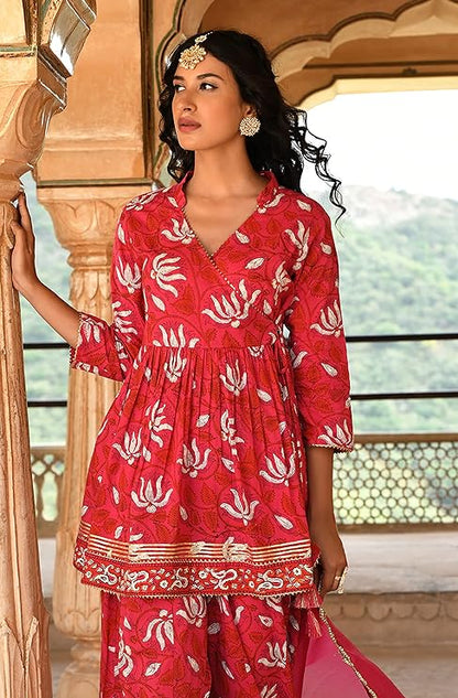 Women's Pink Cotton Floral Block Print Short Kurta with Sharara and Dupatta