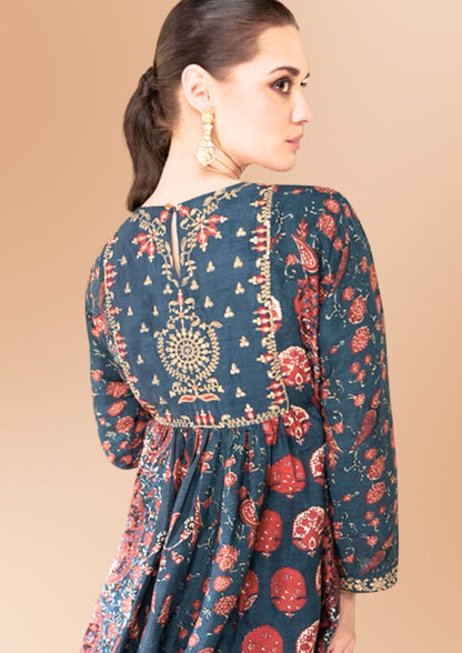 Floral Printed Cotton Top, Sharara with Dupatta, Teal and Orange. Embroidery Work Ideal, Parties, Wedding, Engagement