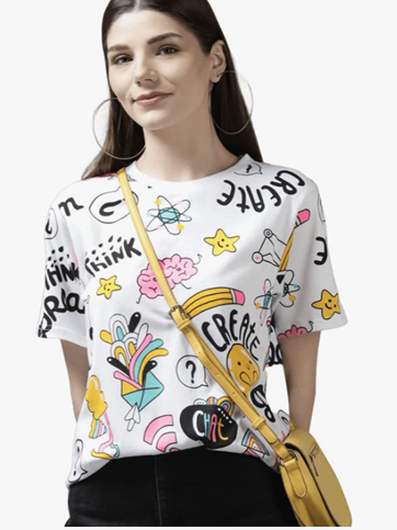 THE DRY STATE Women's Cotton All Over Print Multicolor Oversize Tshirt