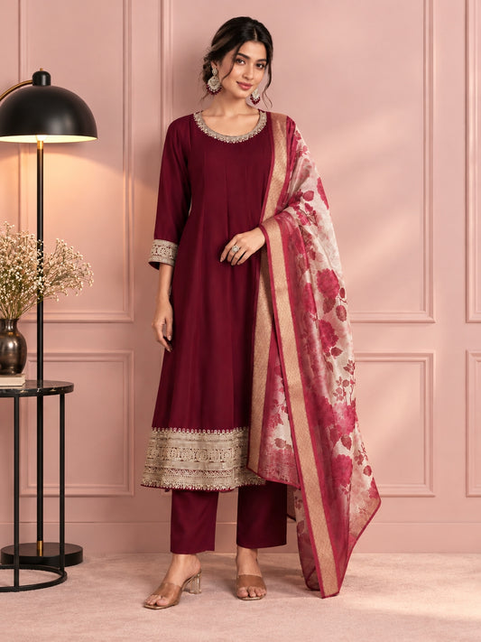 Myror Maroon Chanderi silk Embellished Kurta with Pant and Dupatta