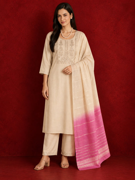 Myror Cream Chanderi silk Embellished Kurta with Pant and Dupatta