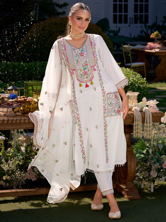 Off White Embroidered A-Line Kurta Trousers With Dupatta Set1