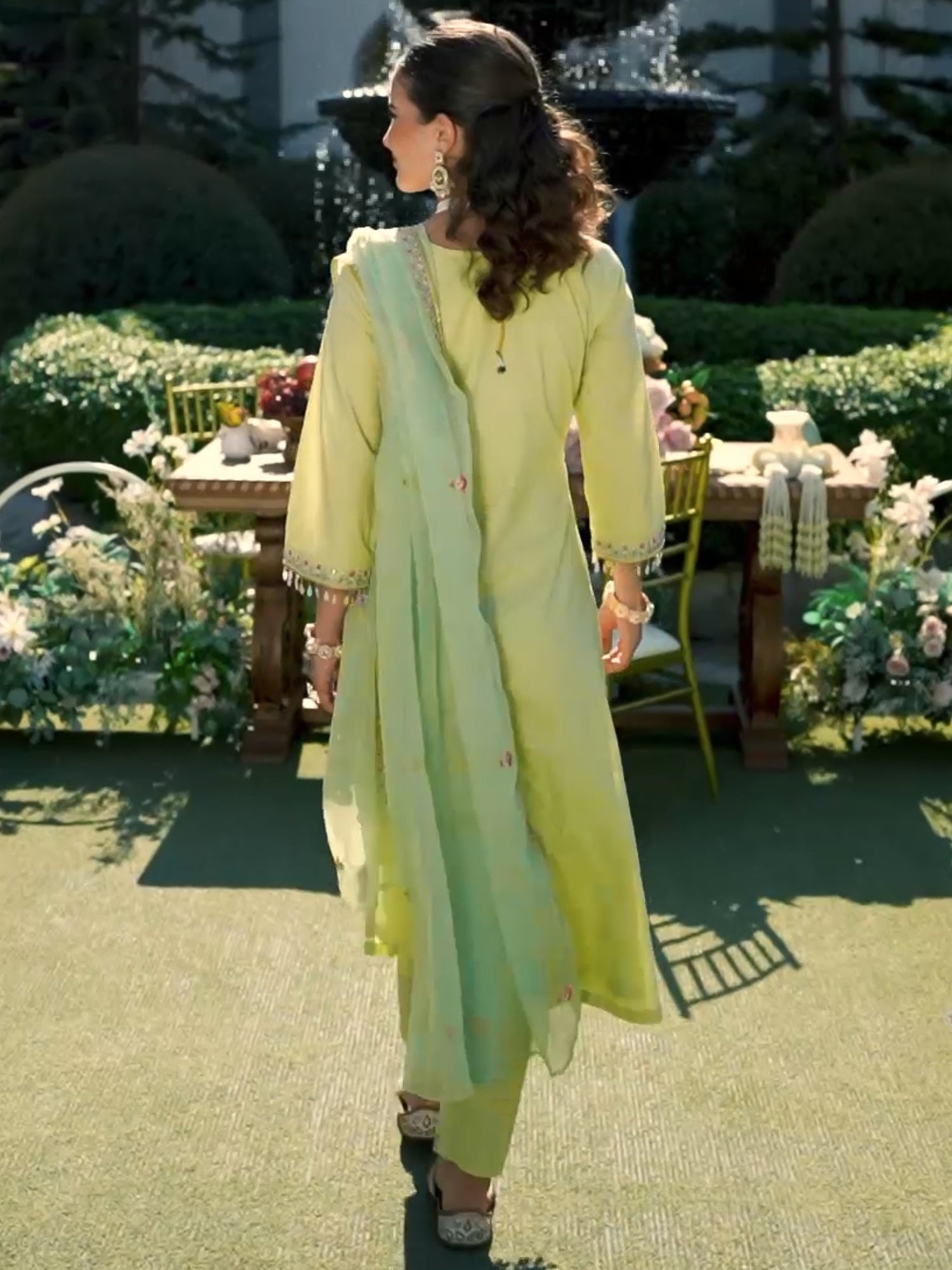 Green Embroidered A-Line Kurta Trousers With Dupatta Set6