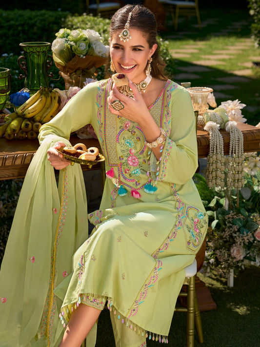 Green Embroidered A-Line Kurta Trousers With Dupatta Set1