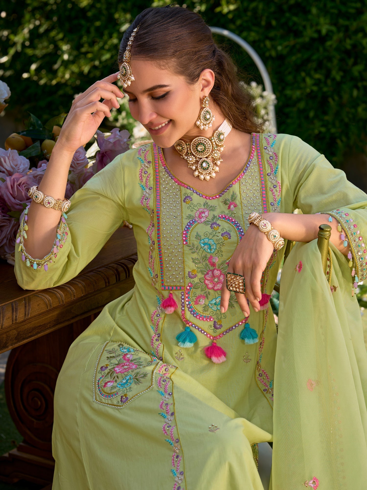 Green Embroidered A-Line Kurta Trousers With Dupatta Set4