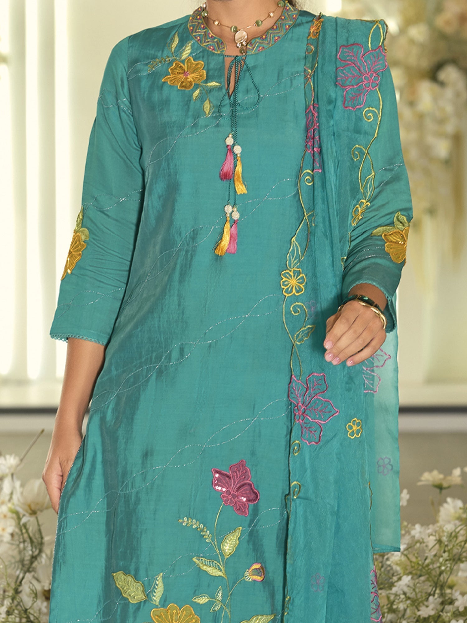 Blue Embroidered Straight Kurta Trousers With Dupatta Set5
