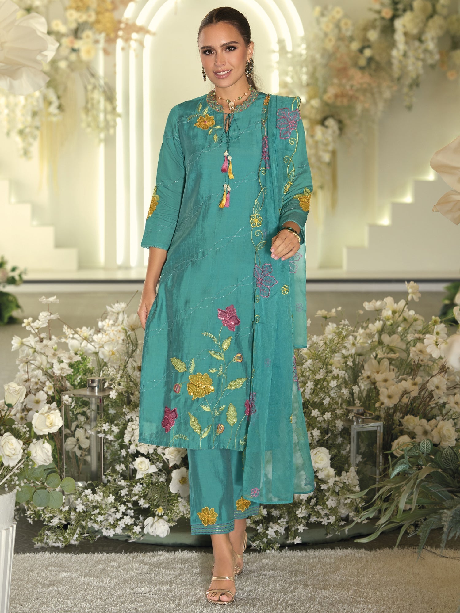 Blue Embroidered Straight Kurta Trousers With Dupatta Set4