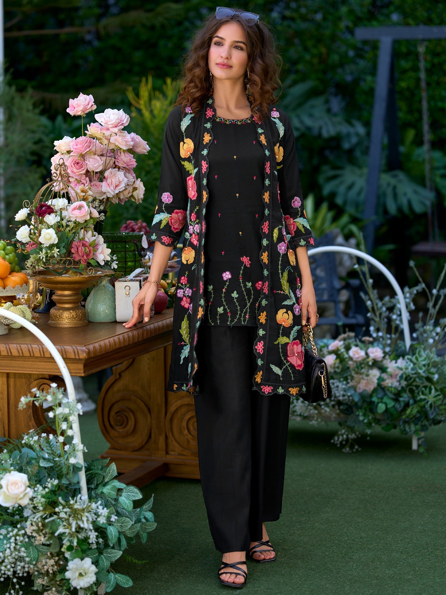 Black Embroidered A-Line Kurta Palazzos Set3