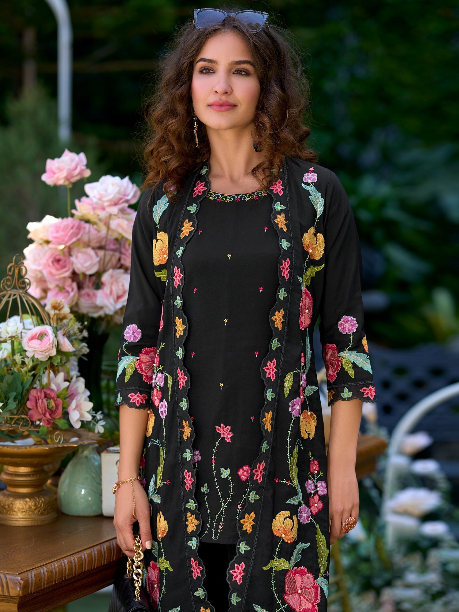 Black Embroidered A-Line Kurta Palazzos Set4