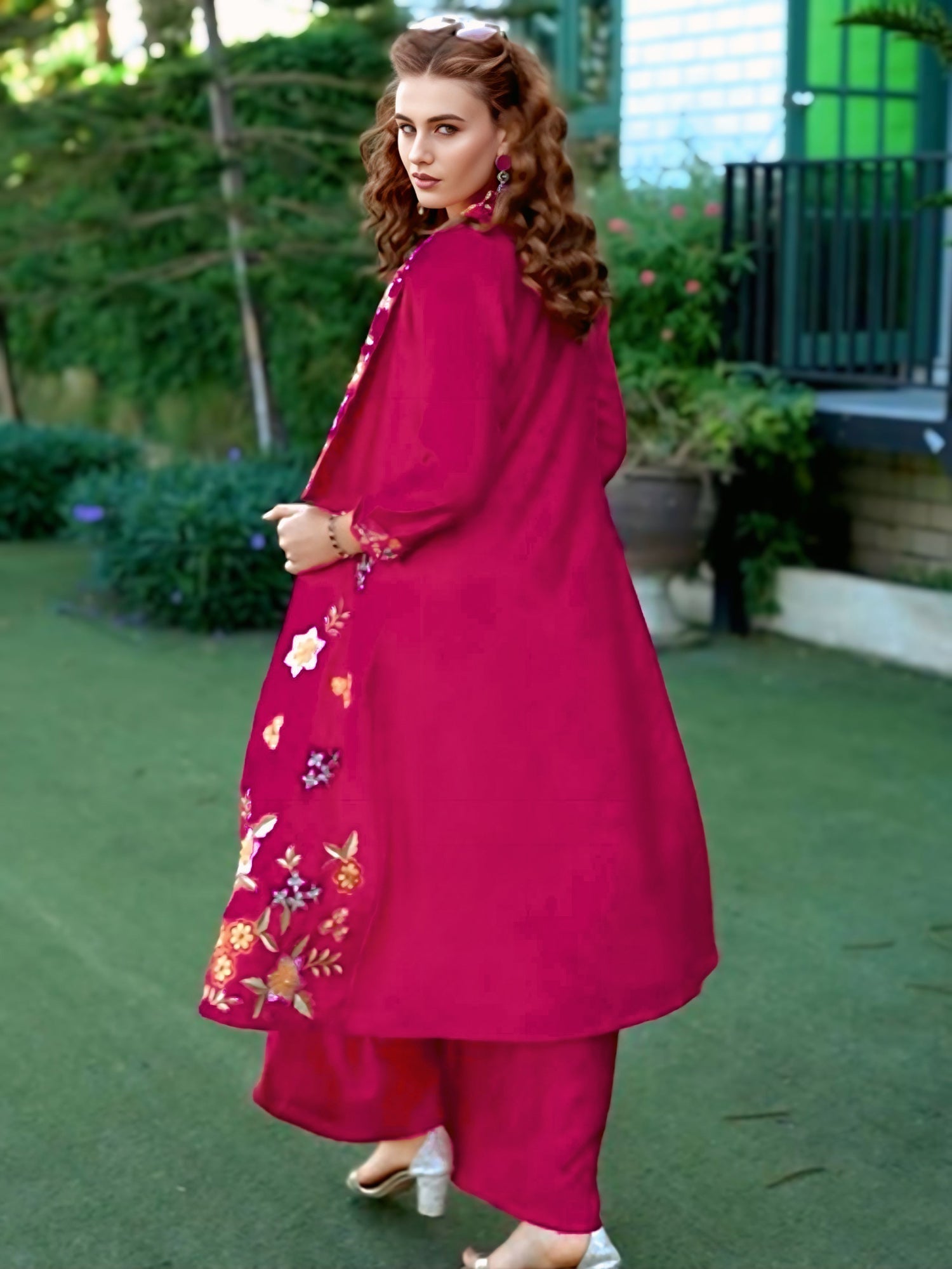 Pink Embroidered A-Line Kurta Palazzos Set6