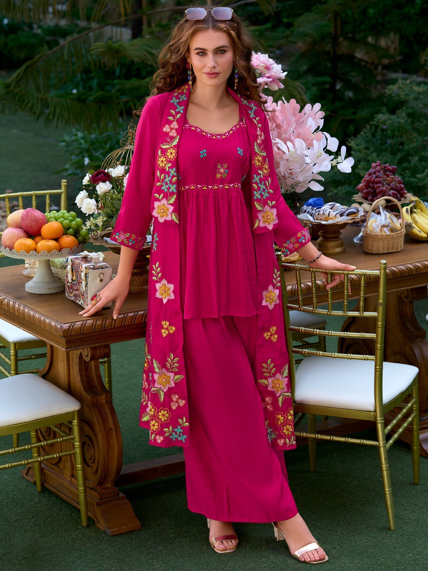 Pink Embroidered A-Line Kurta Palazzos Set1