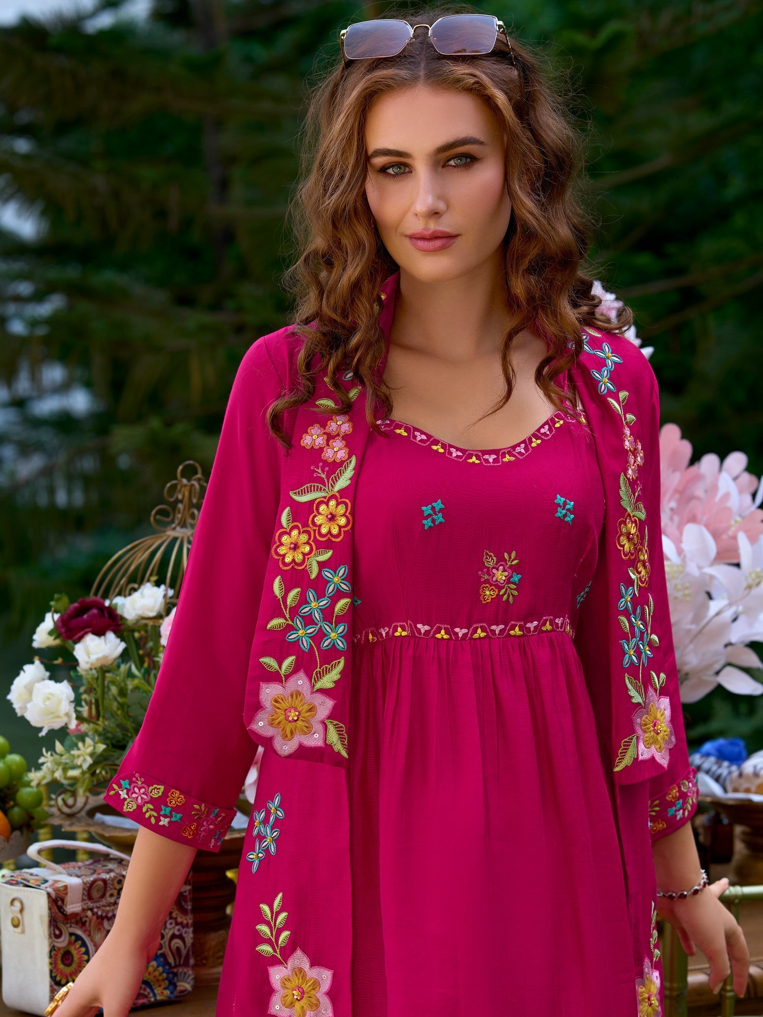 Pink Embroidered A-Line Kurta Palazzos Set2