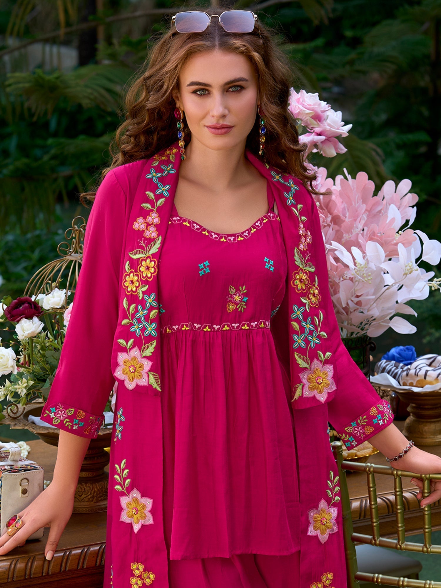 Pink Embroidered A-Line Kurta Palazzos Set3