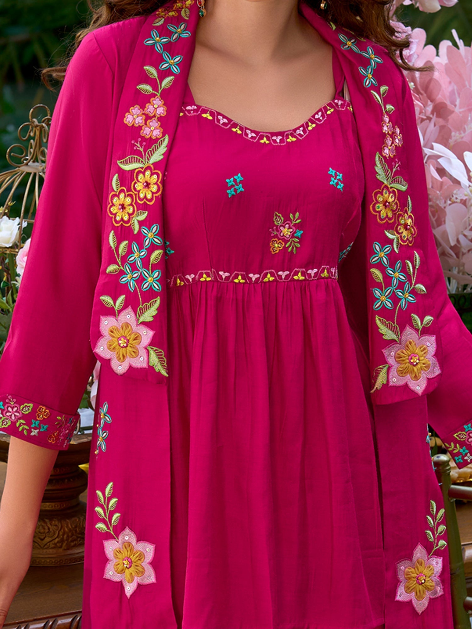 Pink Embroidered A-Line Kurta Palazzos Set5