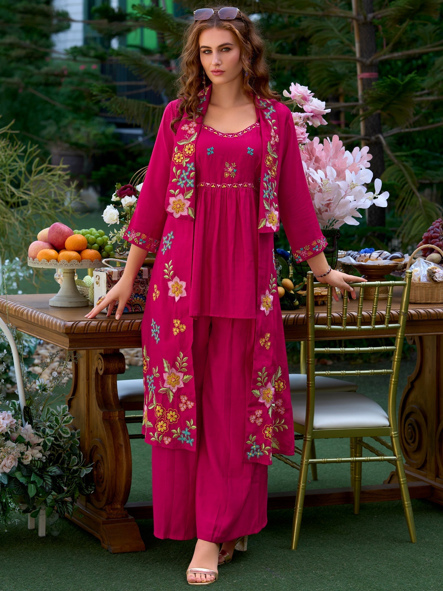Pink Embroidered A-Line Kurta Palazzos Set4
