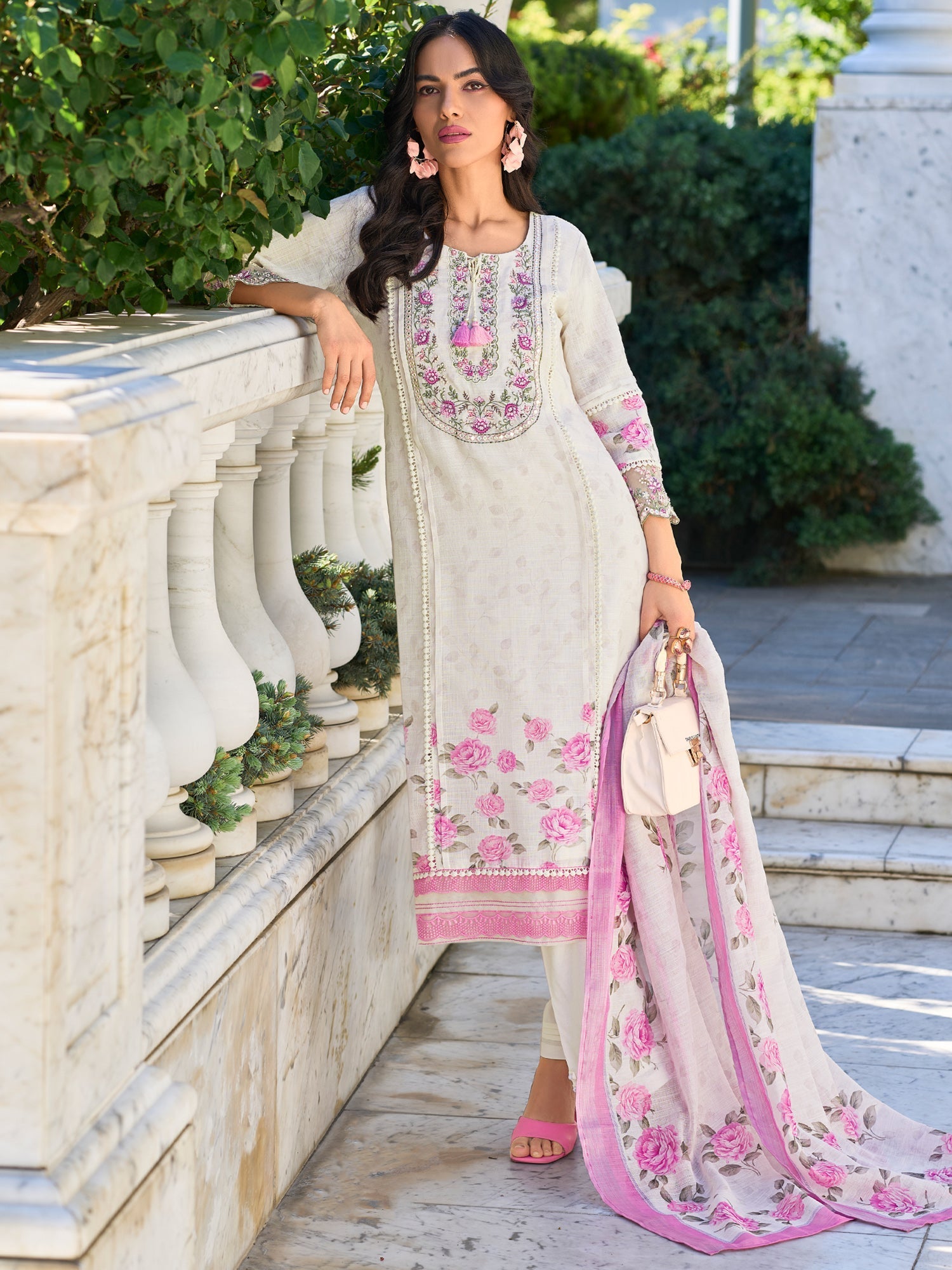 White Embroidered Straight Kurta Trousers With Dupatta Set2