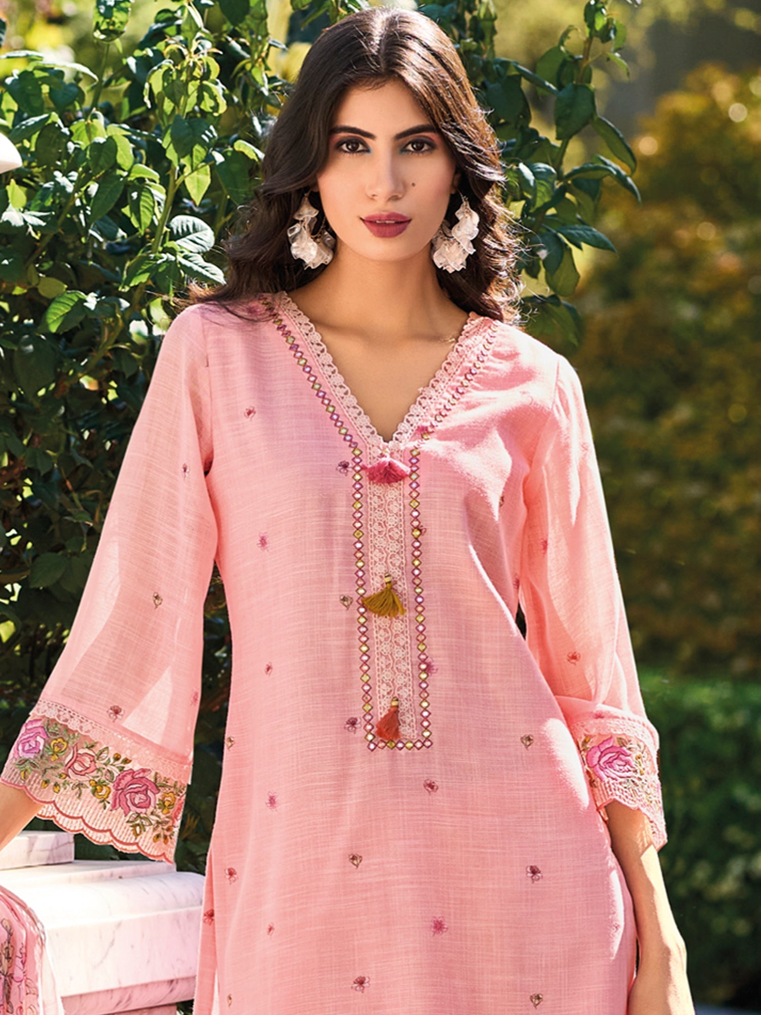 Pink Embroidered Straight Kurta Trousers With Dupatta Set3