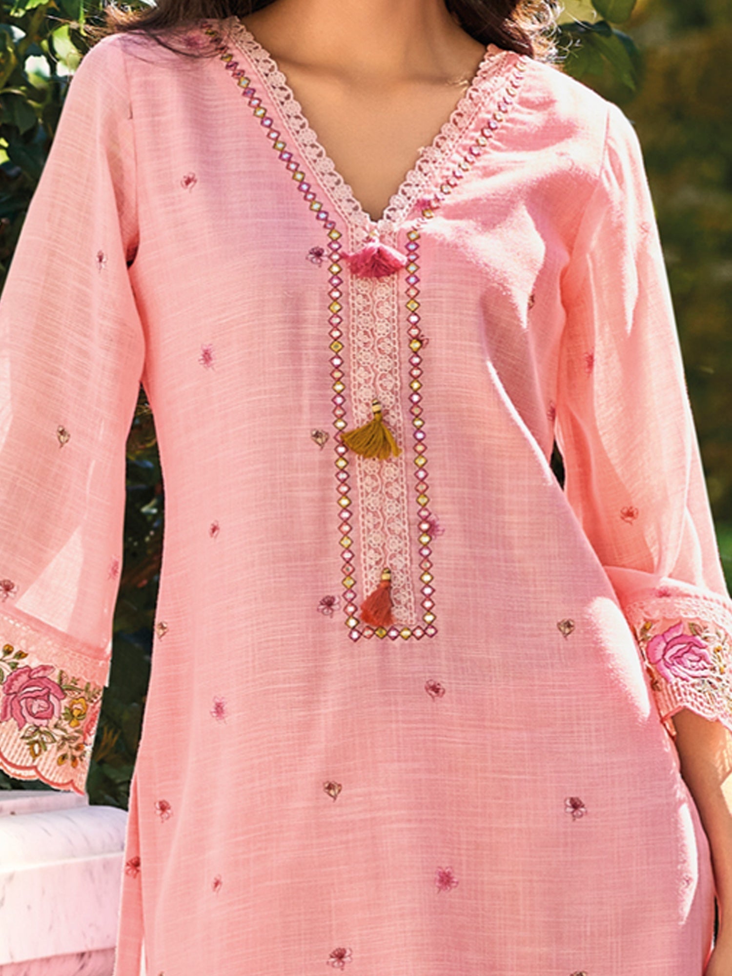 Pink Embroidered Straight Kurta Trousers With Dupatta Set4