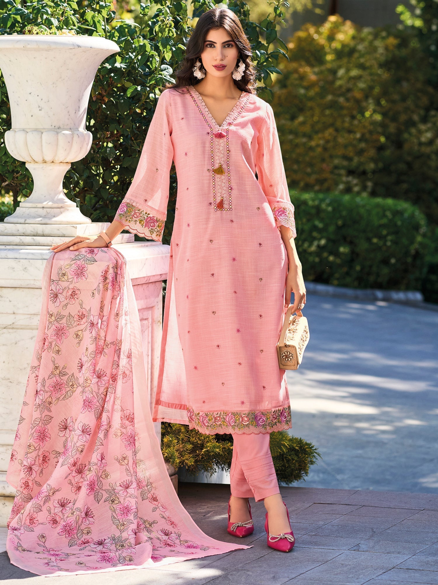 Pink Embroidered Straight Kurta Trousers With Dupatta Set1