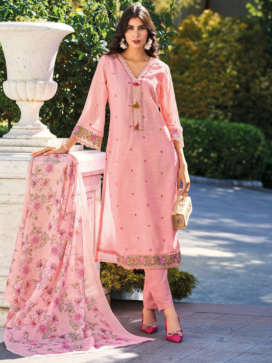 Pink Embroidered Straight Kurta Trousers With Dupatta Set1