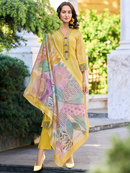 Yellow Embroidered Straight Kurta Trousers With Dupatta Set1