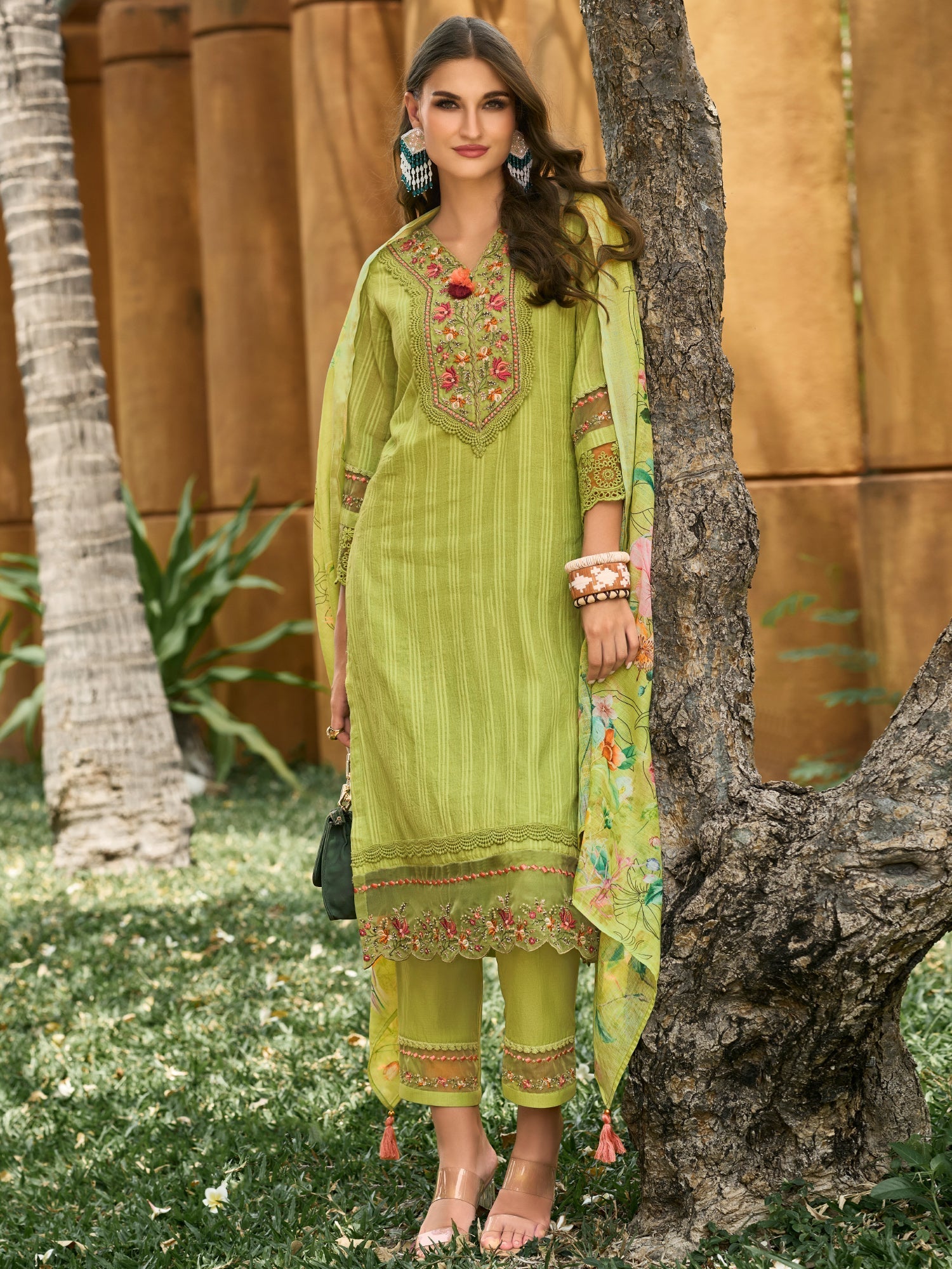 Green Embroidered Straight Kurta Trousers With Dupatta Set1