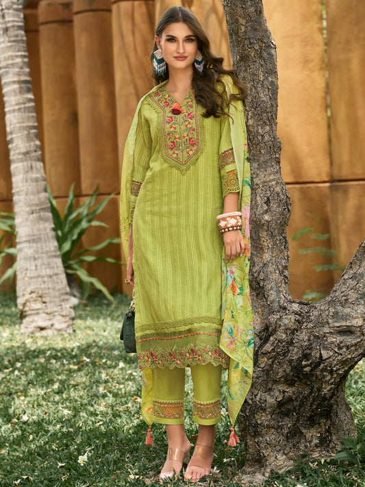 Green Embroidered Straight Kurta Trousers With Dupatta Set1