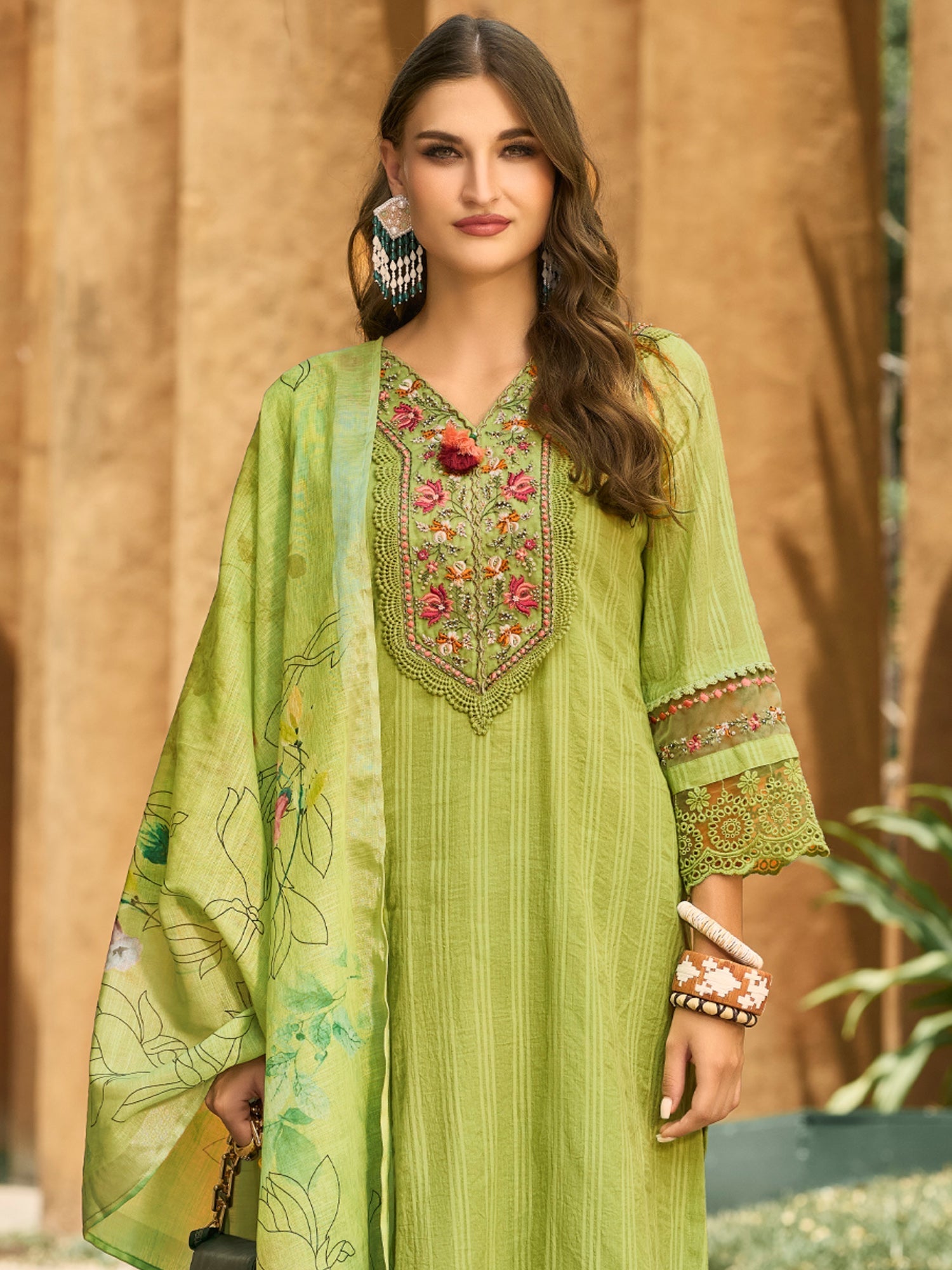 Green Embroidered Straight Kurta Trousers With Dupatta Set3